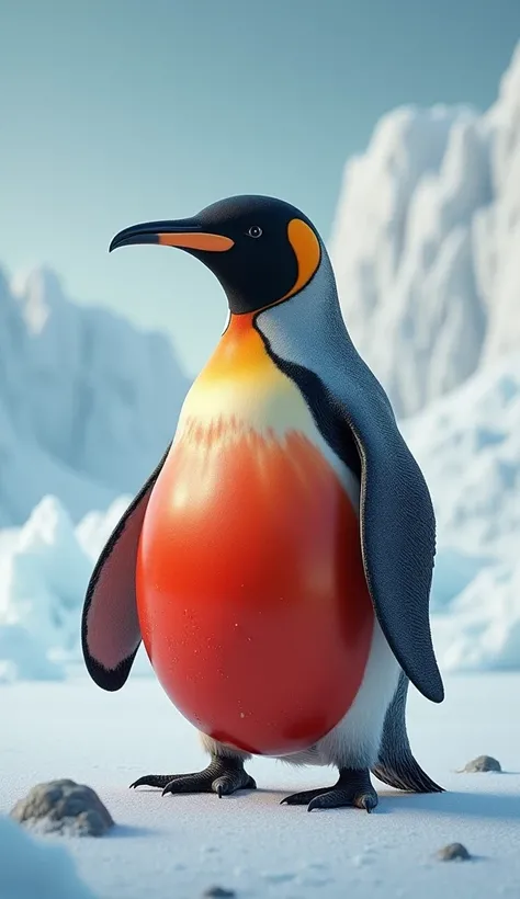 Penguin-Tomato Hybrid in the Antarctic (Face-to-Face Background)
"A goofy penguin-tomato hybrid waddles across the frozen Antarctic plain. Its round body is bright red, resembling a tomato, with a penguins wings and feet sticking out awkwardly. The hybrids...