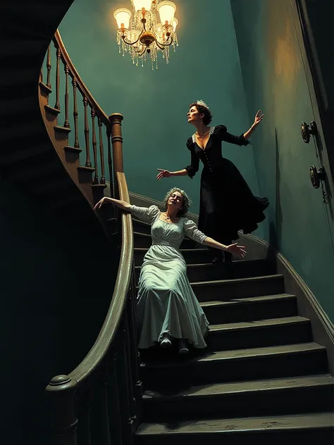 A dramatic moment frozen in time: a young Victorian maid, her face twisted in a mix of rage and desperation, shoves a Victorian lady in her 50s down a grand staircase. The older womans expression is one of shock and terror as she falls, her hands grasping ...