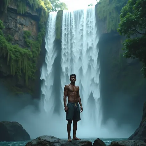 A young Indonesian man walks under a waterfall