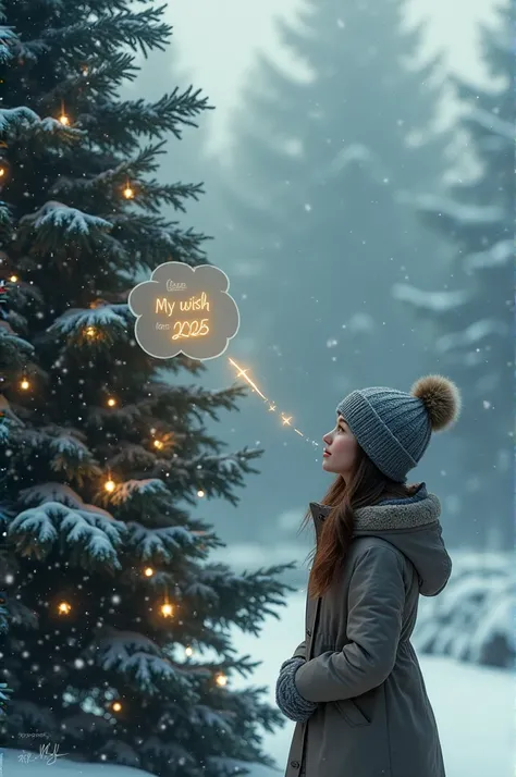  New Years atmosphere , Christmas tree , a woman stands looking at a fir tree and makes one wish,  also include snow , on the hat write Jessy ,  pull a bubble out of your mouth and write inside , My wish for 2025 ....
