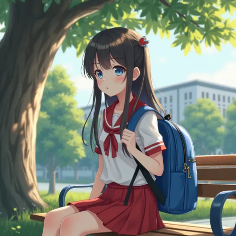 A girl wearing a white and red school uniform, Carrying a bright blue backpack, Long hair and wearing hair clips, Sitting on a bench under a big tree, There is a real reflection of sunlight, The school building is visible in the back, The effects are very ...