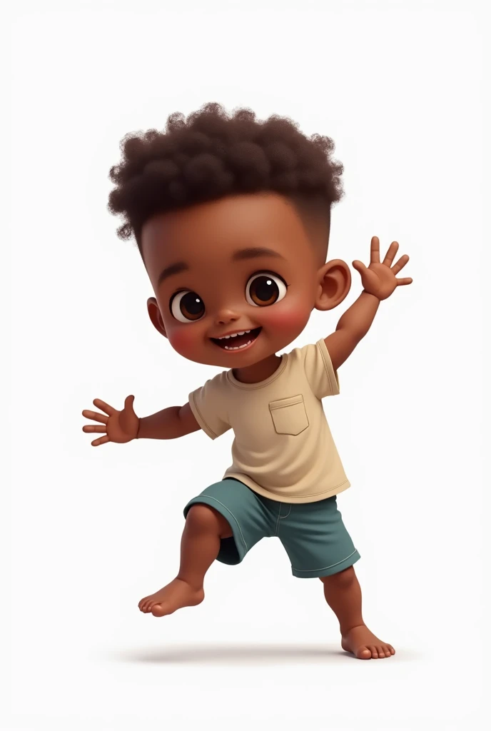 Little black boy with short curly hair playfully bodied on white background