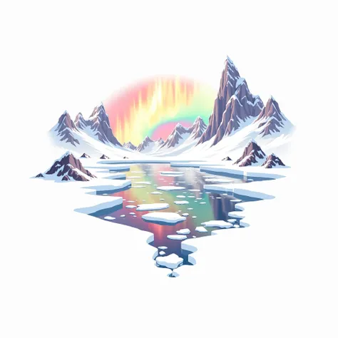 A vibrant aurora borealis illuminates a serene winter landscape.  Towering snow-capped mountains frame a frozen lake, reflecting the colorful aurora in the icy water.  The aurora displays a full spectrum of colors, including reds, pinks, oranges, yellows, ...