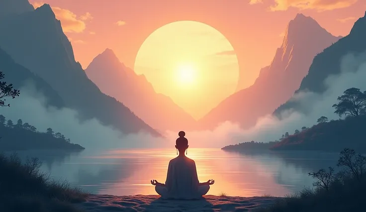 natural scenery. sunrise. sparkling, lake. meditation. confucius. silhouette. meditation in the middle of mountain and lake. cloud. fantasy. animation.