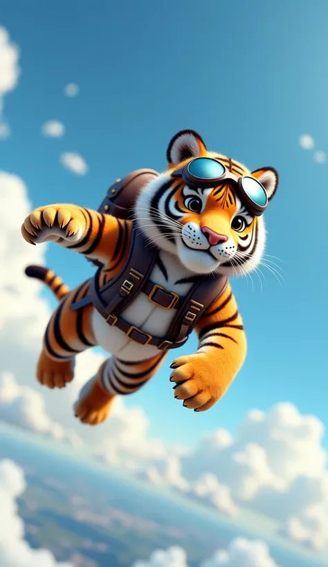 A tiger flying in the sky, wearing a pilots costume with a bag on its back. The tiger is also wearing aviator glasses on its eyes, which are typically worn by people who fly. The tiger is soaring through the air with its legs extended and its expression ca...