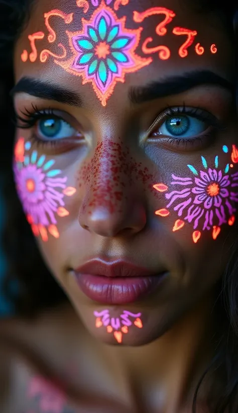 
Close-up portrait of a  woman with glowing tattoos and intricate designs across her face. Her skin is freckled. Her eyes are blue. The glowing tattoos resemble hindu patterns in bright  colors like pink, orange, blue, and green, seamlessly integrated with...