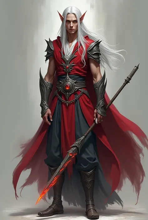  Visualize  (elf boy , semi realism)
Full body
1. ** color palette :**  
   - **dominant:** red, silver, Dark Grey, and white ( to reflect his status as the leader of the elves and the mystical power ).  
   - **accent :** red ( in harmony with the color o...