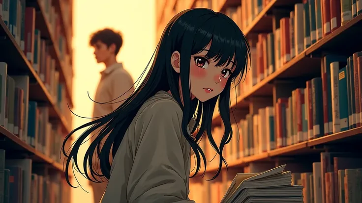 a sexy confused anime woman, with deep detailed face, long hair, collecting books form floor in bookstore, a man is standing there