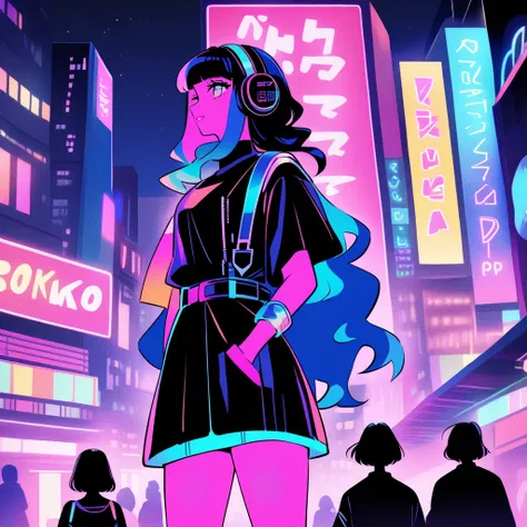 city pop aesthetic, neon lights, Tokyo skyline at night, retro 80s fashion, vibrant colors, dreamy atmosphere, smooth jazz vibe, female singer silhouette, futuristic yet nostalgic