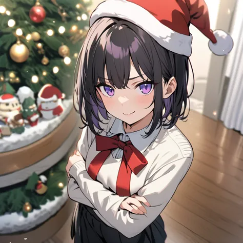  beautiful girl . black short hair. purple eyes.Wearing a white sweater ,, a black skirt and a Christmas hat .be at school.She looks at the viewer with a smirk . Her arms are crossed over her chest.