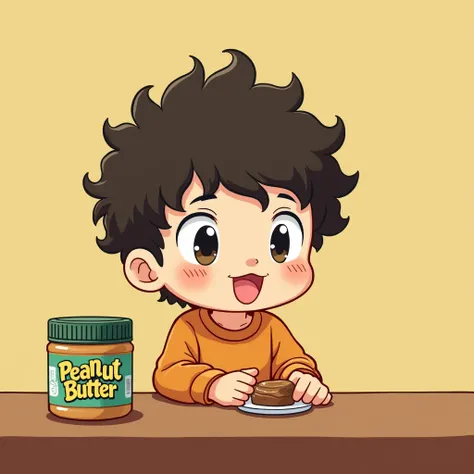 cartoon short curls boy sitting at a table with a jar of peanut butter, artwork in the style of guweiz, by Goro Fujita, loish and goro fujita, guweiz, by Yeong-Hao Han, by jeonseok lee, in an anime style, inspired by Goro Fujita, by Nara Yoshitomo