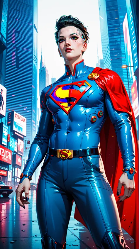  Wearing a more sexily exposed black and silver version of the evil Superman outfit， Towering cityscape as background ， Cyberpunk 2049 - 8v Complicated ， Hi-Tech Material ， Sinister Atmosphere ，Movie，Documentary Details 