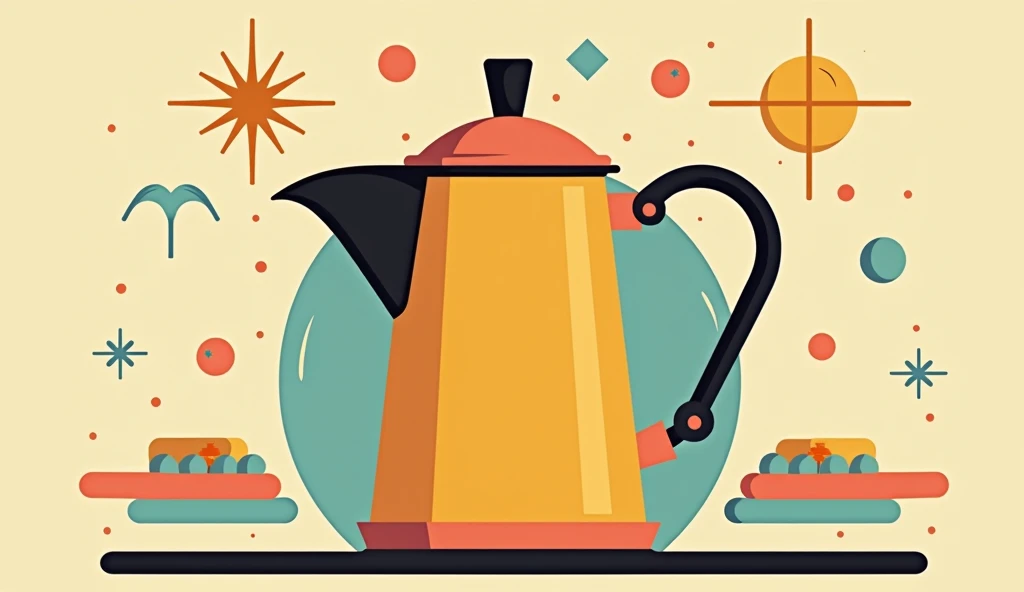 Create an American kitsch poster-style illustration of a classic 1950s diner coffee pot. Use a muted yet vibrant color palette with tones like dusty teal, vintage mustard, and soft coral. Avoid bright highlight colors, instead focusing on rich contrasts an...