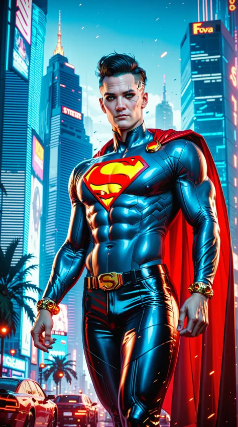  Wearing a more sexily exposed black and silver version of the evil Superman outfit， Towering cityscape as background ， Cyberpunk 2049 - 8v Complicated ， Hi-Tech Material ， Sinister Atmosphere ，Movie，Documentary Details 