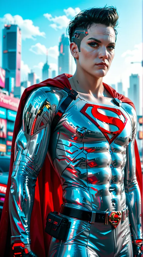  Wearing a more sexily exposed black and silver version of the evil Superman outfit， Towering cityscape as background ， Cyberpunk 2049 - 8v Complicated ， Hi-Tech Material ， Sinister Atmosphere ，Movie，Documentary Details 