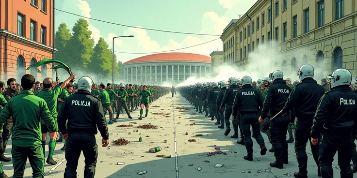 Its an illustration in comics style. A chaotic street battle is in full swing directly in front of a small Polish stadium. On the left side of the street, 35 hooligans dressed in green sportswear and waving green scarves are launching a frenzied attack. Th...