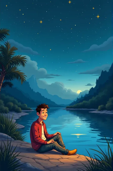 Portrait of a man sitting by the river at night, vertical cartoon