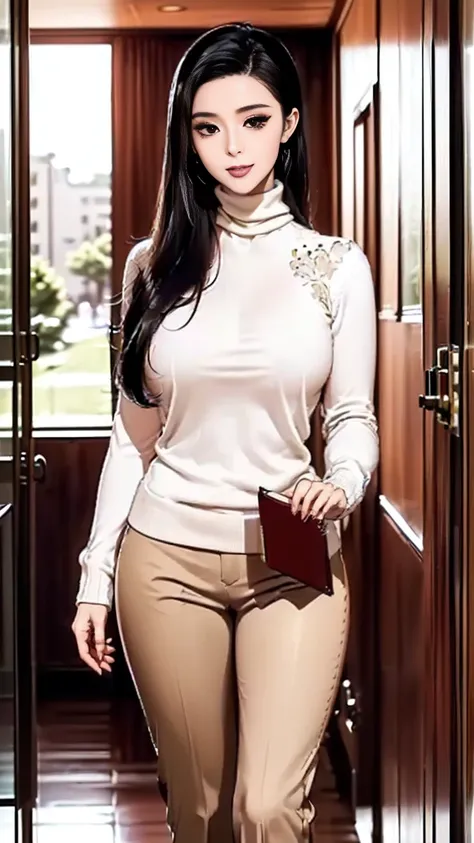 (best quality:2.0), (extremely detailed:2.0), (highly detailed:2.0),(Kaho Yuuki, an English teacher at Himeki Girls’ Academy, wearing a fitted white blouse paired with a knee-length black pencil skirt, draped in a long academic robe with golden accents, st...