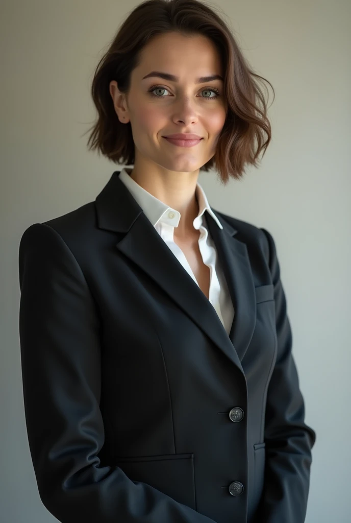 A brown-haired teachers daughter with a short legislature wearing a suit.