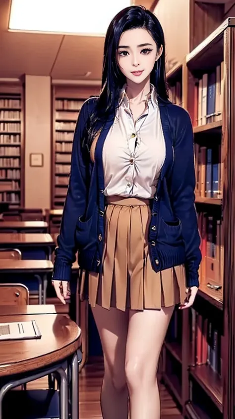 (best quality:2.0), (extremely detailed:2.0), (highly detailed:2.0),(Kaho Yuuki, an English teacher at Himeki Girls’ Academy, wearing a fitted white blouse paired with a knee-length black pencil skirt, draped in a long academic robe with golden accents, st...