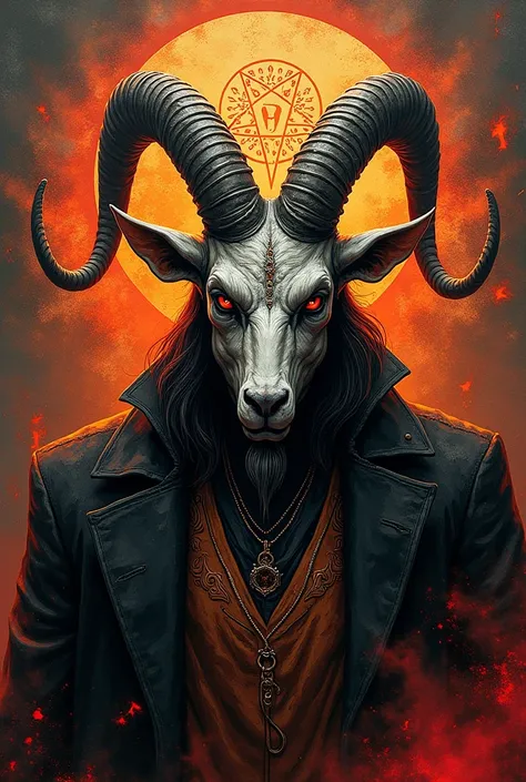 Elegant graffiti inscribed baphomett  ,  background fire satanic logo bergambar iblis berkepala kambing satanic full body