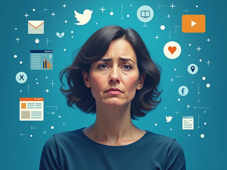  Ugly woman with a disappointed face ,  place a woman in the center and around some elements that refer to websites, social networks with a blue background 