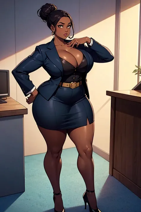 digital art, angled view, office hairbun, dark skin, standing pose, plump feminine features, plus size figure, curvy heavy body, cleavage, whole body, form-fitting, Amanda Waller (DC Comics) inspired costume, open blazer jacket, office blouse, belt, slit s...