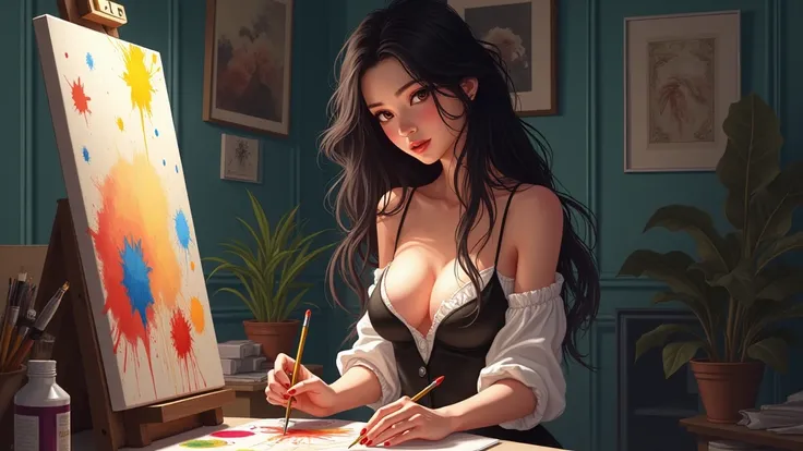 A  sexy anime woman, with deep detailed face, long hair, wearing casual clothes, painting on a canvas in her studio 