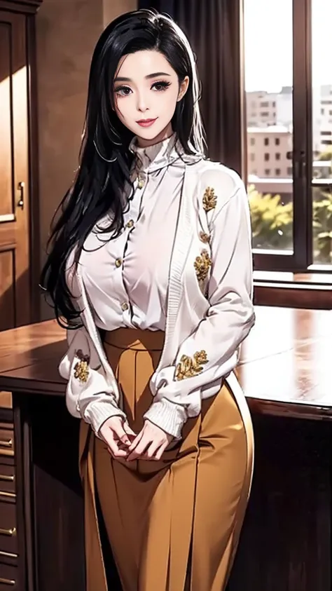 (best quality:2.0), (extremely detailed:2.0), (highly detailed:2.0),(Kaho Yuuki, an English teacher at Himeki Girls’ Academy, wearing a fitted white blouse paired with a knee-length black pencil skirt, draped in a long academic robe with golden accents, st...