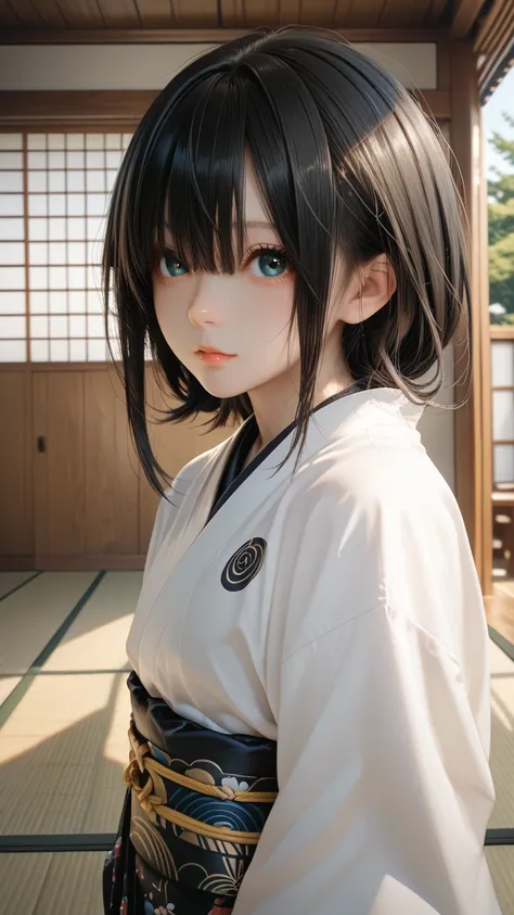 score_9,score_8_up,score_7_up,1girl,(small face:1.2),(small eyes:1.3),look at Viewer,black hair,hair over eyes,long bangs,kimono,Japanese house,tatami mats,voyeurism,female focus,