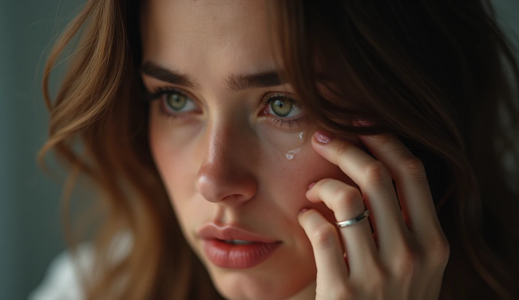 A close-up of Emily, wiping her tears away, her face filled with resolve as she prepares to make a decision.