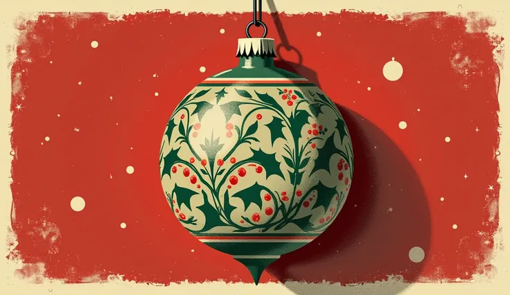 An American retro-style illustration of a classic holiday ornament, such as a vintage Christmas tree bauble. Use a muted color palette with deep reds, forest greens, and creamy off-whites, creating a harmonious and nostalgic tone. The background is a simpl...