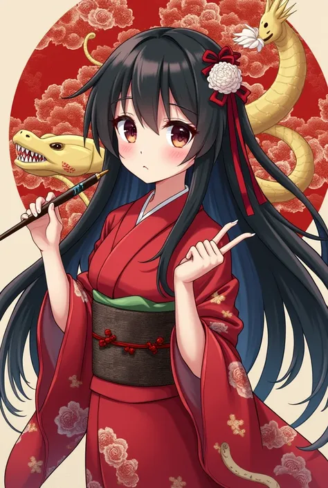  cute lolita girl , (red) wearing a peony kimono 、 , , holding a giant ink brush in her right hand, ,  The staff have installed what I need for the New Years Eve event Long hair,  black hair、 anime style long hair , There is a golden snake in the backgroun...