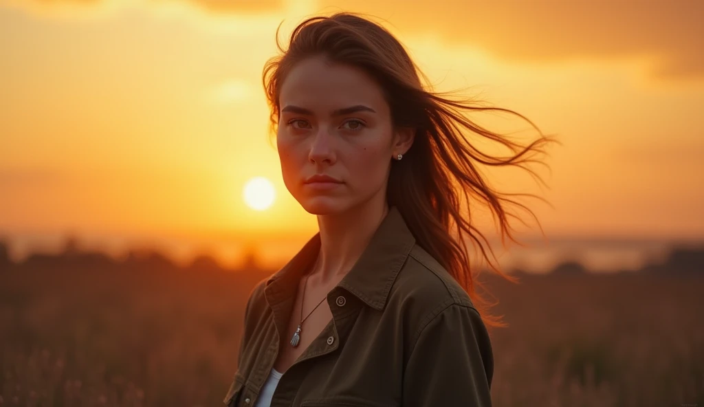 A strong, empowering shot of Emily standing up, with determination in her eyes, as the setting sun casts a glow behind her, symbolizing her decision.