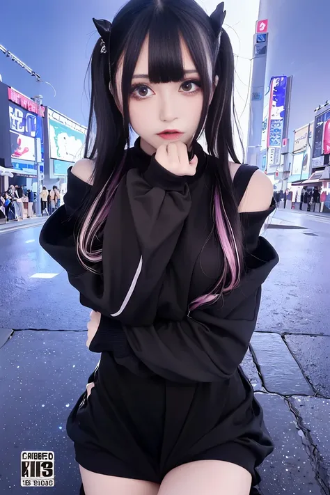 4K - ultra-vivid、 top quality , masterpiece, Super high resolution, (reality: 1.4),    girl in the castle,  purple eyes,   off shoulder sweater dress , Cinema Lighting、Purple and black hair、(Landmine Girl、 gothic makeup 、My Makeup)、( earrings for women wit...