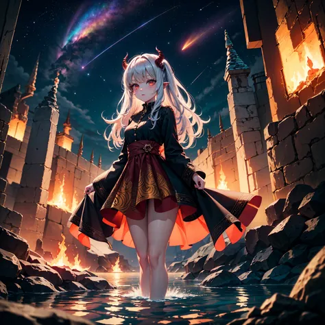 A demon girl wearing a fiery patterned dress, standing looking at the deep red sun, surrounded by a calm pool of water, the dark galaxy sky, with many comets flying by, majestic, magical, fiery, fantastic, many details.