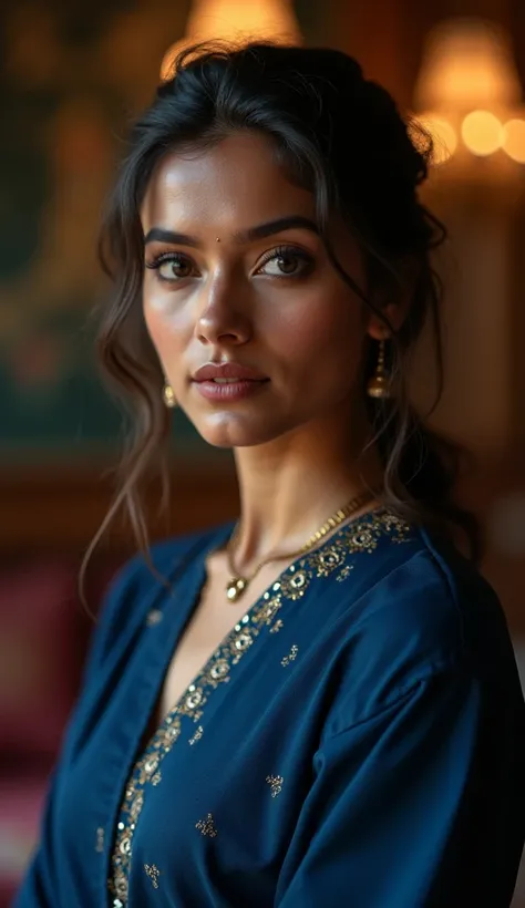 28 year indian beautiful girl standing in shocking face, wearing indigo color kurta, tied hair, luxurious interior, luxury house, detailed image, detailed face,  cinematic scene, cinematic lighting, ultra realistic, hyper realistic, highly detailed image, ...