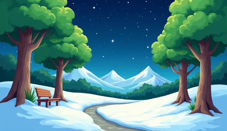 A bright and cheerful cartoon park scene set under a dark night sky filled with twinkling stars. The park features tall, leafy green trees with thick trunks evenly spaced, standing on a smooth white landscape resembling snow-covered ground. The vibrant gre...