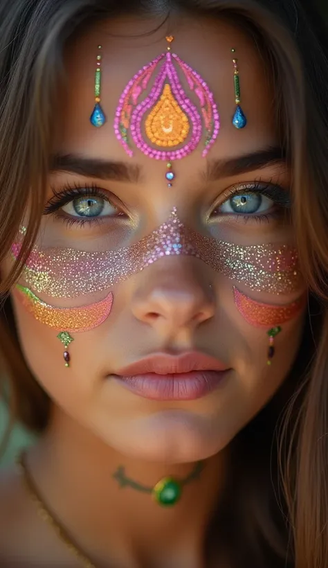  Close-up portrait of a beautiful young woman looking at the camera with shiny tattoos and intricate designs on her face. his eyes are blue. Glitter tattoos resemble Hindu patterns in bright colors such as pink , The orange , the blue and the green, perfec...