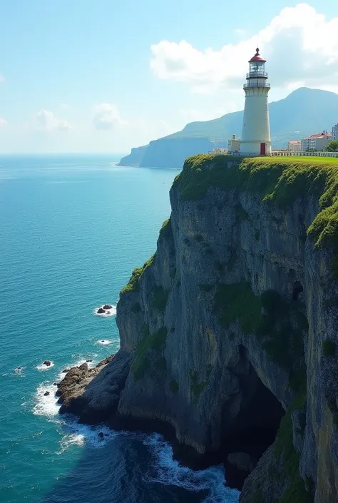   There is a lighthouse on the cliff overlooking the sea, Photo by Gang Se-hwang  , pexels, Renaissance,  the sea behind the city ,  Ocean view , Sea view ,  The picture was taken from a distance, Background is the sea, Ocean in the background, Overlooking...