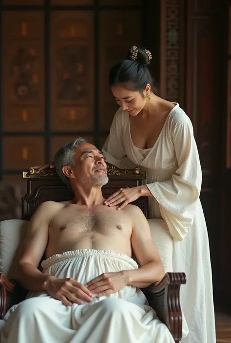 A beautiful 16-year-old korean female slave wearing revealing, worn-out white clothes is giving a massage to her 60-year-old Asian male master. the master is healthy and muscular and Wearing luxurious white clothes. Realistic photos with high resolution. T...