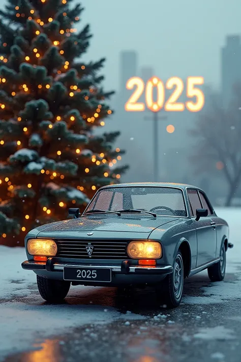 Happy New Year picture. In the foreground, a Peugeot 504 cupe car in gray .  In the background, a green Christmas tree with a winter city in the background. Numbers 2025 . It&#39;s snowing.