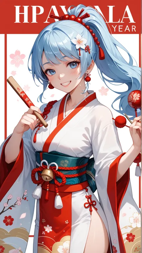 Create an anime-style image of a Japanese girl with ponytail light blue hair, wearing a traditional Thai outfit, performing a wai (Thai greeting) and charming smile. She should be standing in front of a festive background, and the text Happy New Year 2025 ...