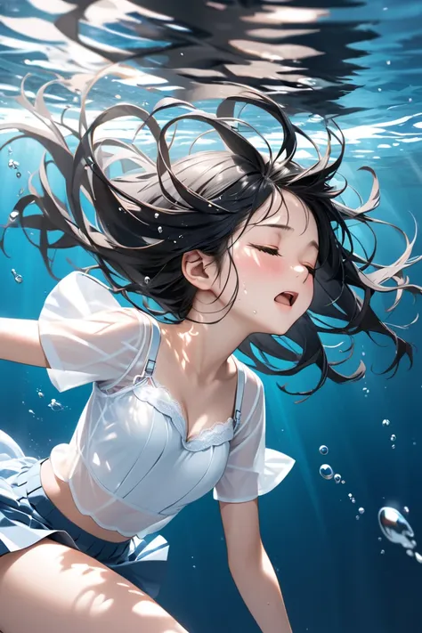 Ultra-realism
junior high school girl
closed eyes
fainting
floating
underwater
black hair
white bra
thighs
side view