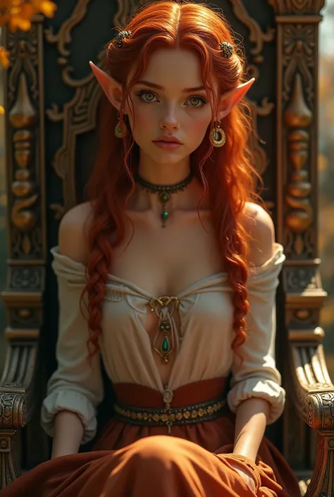 striking female elf princess with tan skin, red curly hair pinned and braided in an intricate style that cascades down her back, brown eyes, high cheekbones, and pointed ears. She wears voluminous pantaloons in brown silk, small embroidered pointed slipper...