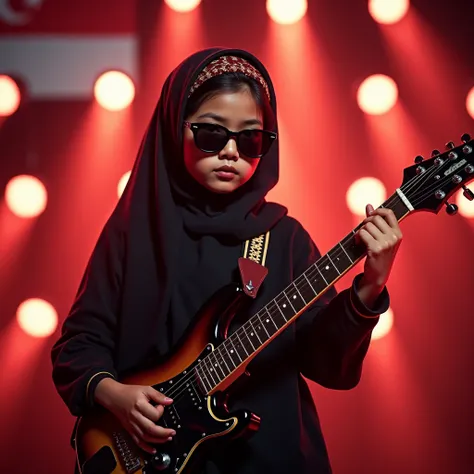 portrait hijab girl playing electric guitar, headband, Indonesian flag, abaya, hijab, red black, sunglasses, there are many spotlights around,