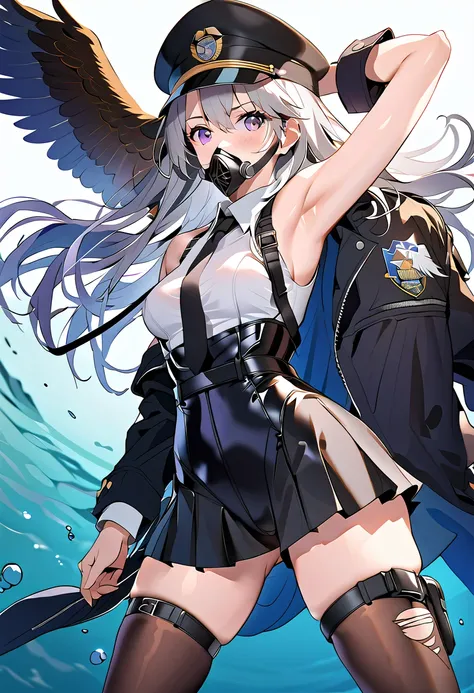 epsd, long hair, purple eyes, grey hair
epsd, military hat, eagle union (emblem), necktie, white sleeveless shirt, off shoulder, military coat, belt, pleated skirt, thighhigh, black high heel boots
epdv, long hair, diving mask, black weitsuit, harness, ope...