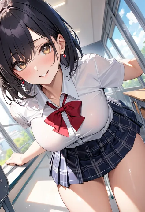 (uniform))、(( Shiny Outfit ))、 sunburn、 high school girl、Skindent、 skinny、1 female、masterpiece、 top quality 、 top quality 、16k、 high definition 、2.5D、  (Bob:1.5), black hair、bangs,  hair between eyes , Earrings、 very delicate expression 、 delicate eye depi...