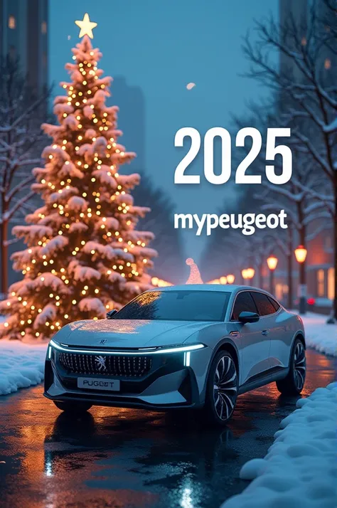  New Years picture of 2025 . In the foreground Peugeot 2024 In the background, a Christmas tree with a winter city in the background. Numbers 2025 and MYPEUGEOT .BY