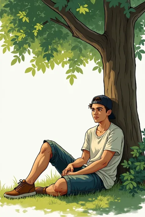 A man chilling under a tree who looks like 20+ yold with a cap backwards and a mole on the left side of his face crossing his legs and chilling sketch